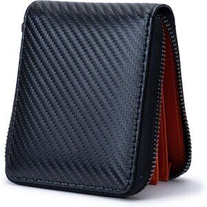 Men's Bifold Black Orange Wallets Card Slot Secure Zipper Closure Leather Style